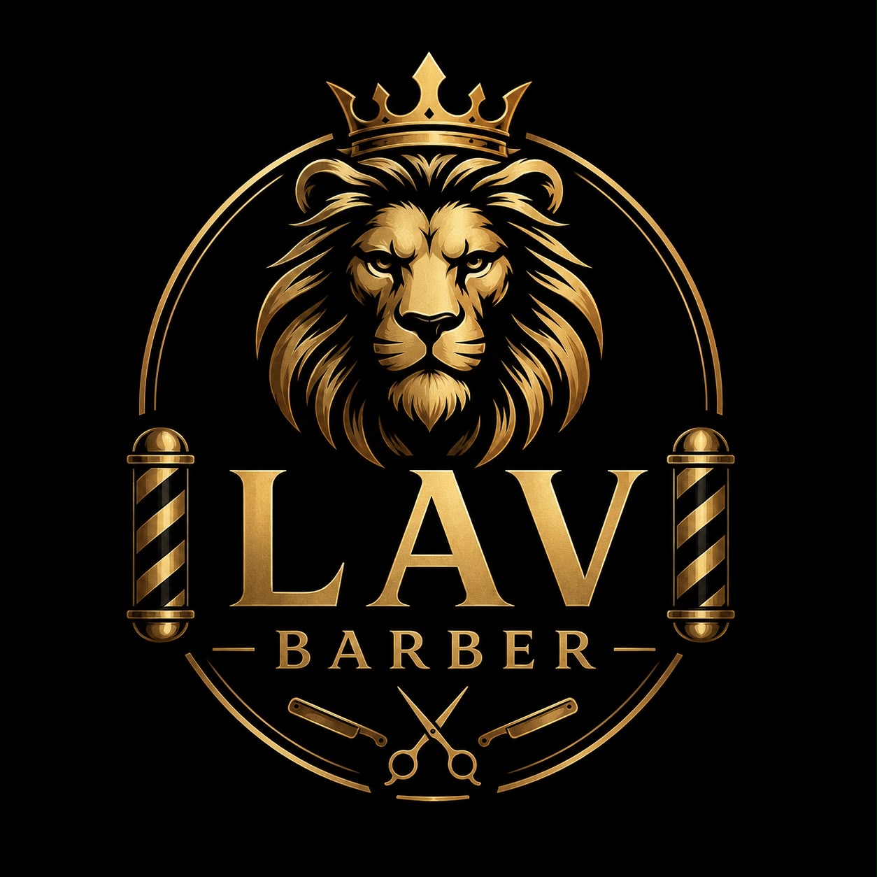 Lav Barber logo — zlatni lav sa krunom